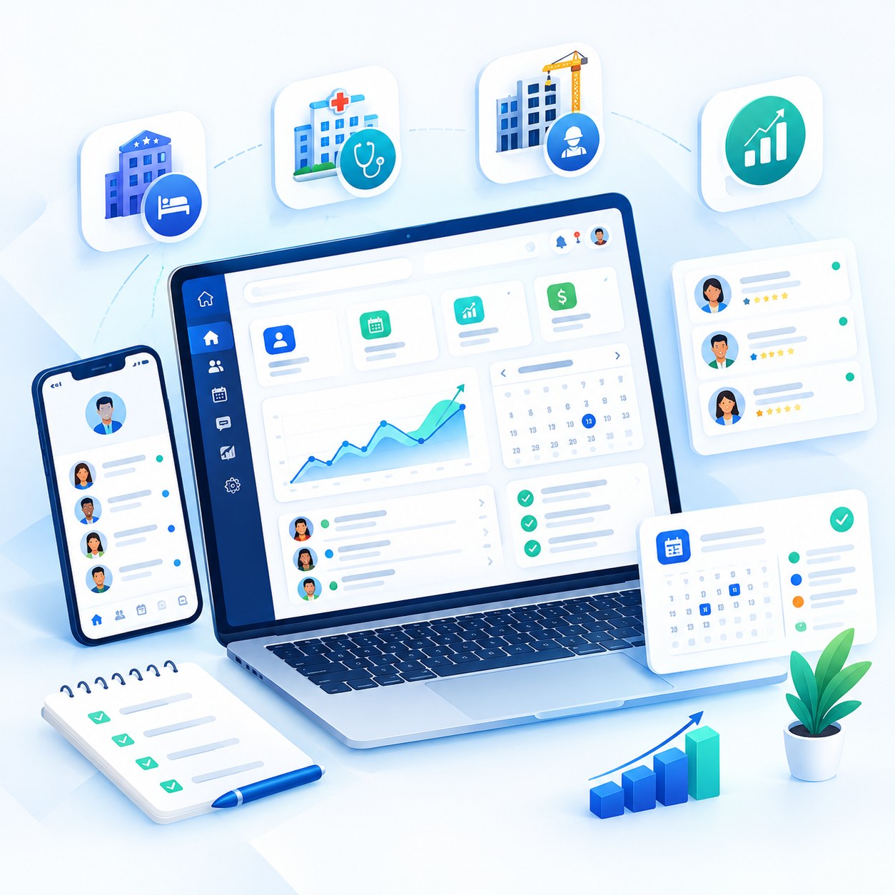 CRM dashboard illustration showing customer management, bookings and reports